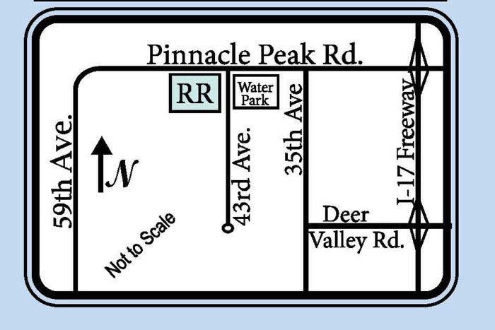 Map showing Pinnacle Peak & Southern Railroad at the southwest corner of Pinnacle Peak Rd and 43rd Ave, west of I-17 and north of Deer Valley Rd