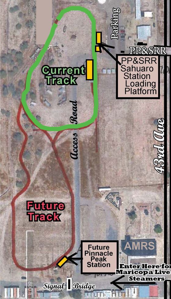 Aerial map of the railroad showing the current track loop in green and the future extended route in red, with Sahuaro Station and the future Pinnacle Peak Station marked
